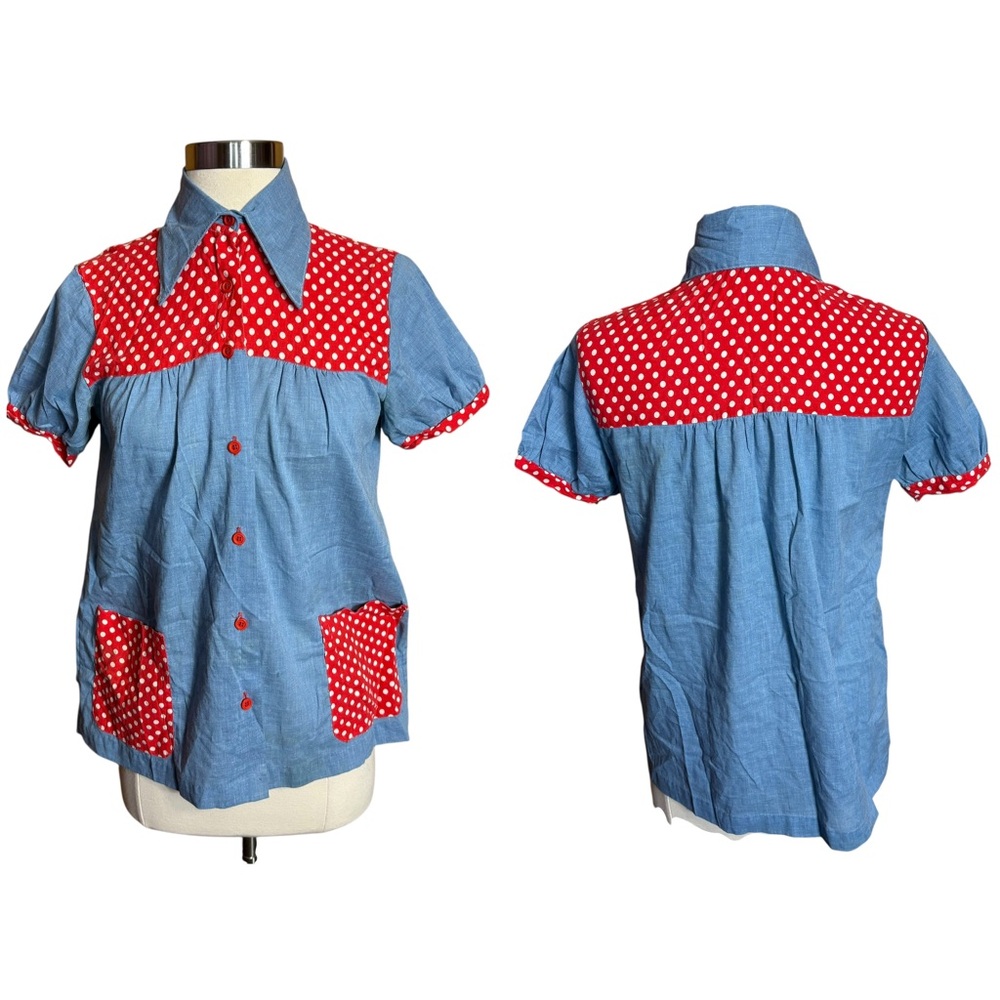 Vintage 70s Land N’ Sea Retro Nautical Polkadot Red White Blue Pinup Button Down